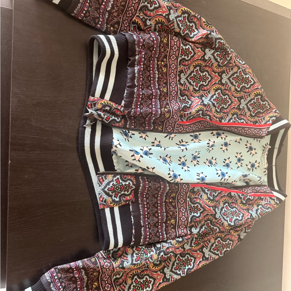 Alice + Olivia Light Blue Eye Print Bomber with Paisley Trim